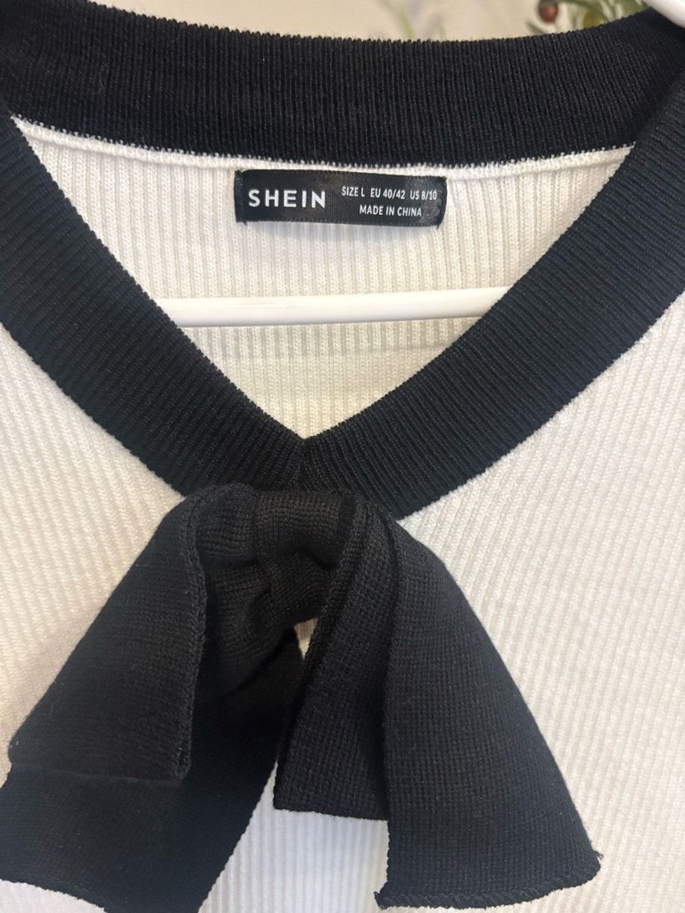 SHEIN Cream Ribbed Long Sleeve Top with Black Bow Collar - Picture 4 of 5